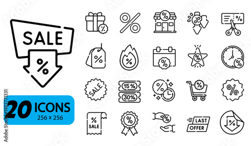 Set of 20 Sale and Discount Icons, Outline Style, 256x256 Pixels