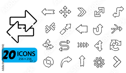 Set of 20 Arrow Icons, Various Directions and Styles, Outline Style, 256x256 Pixels