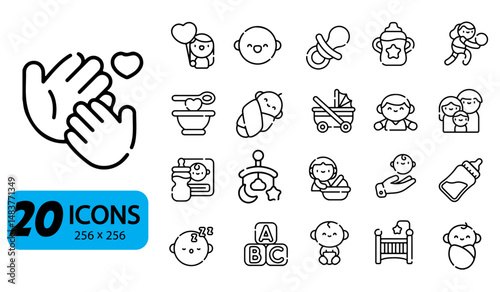 Set of 20 Baby and Childcare Icons, Outline Style, 256x256 Pixels