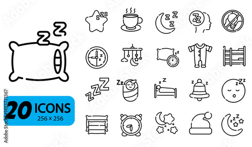 Set of 20 Sleep and Bedtime Icons, Outline Style, 256x256 Pixels