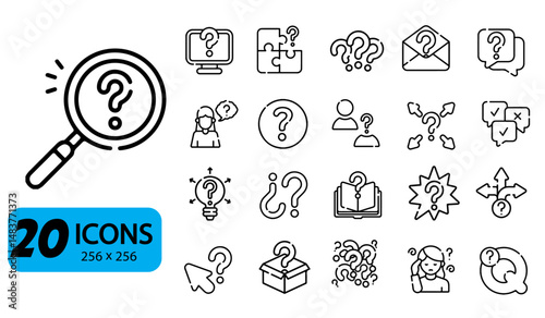 Set of 20 Question Icons, Outline Style, 256x256 Pixels