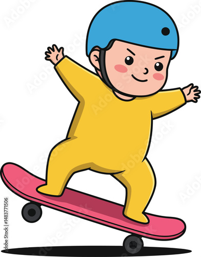 Toddler in yellow jumpsuit wearing blue helmet skateboarding on pink skateboard vector illustration 