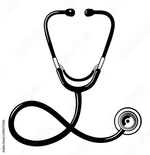 black illustration of medical device stethoscope without background