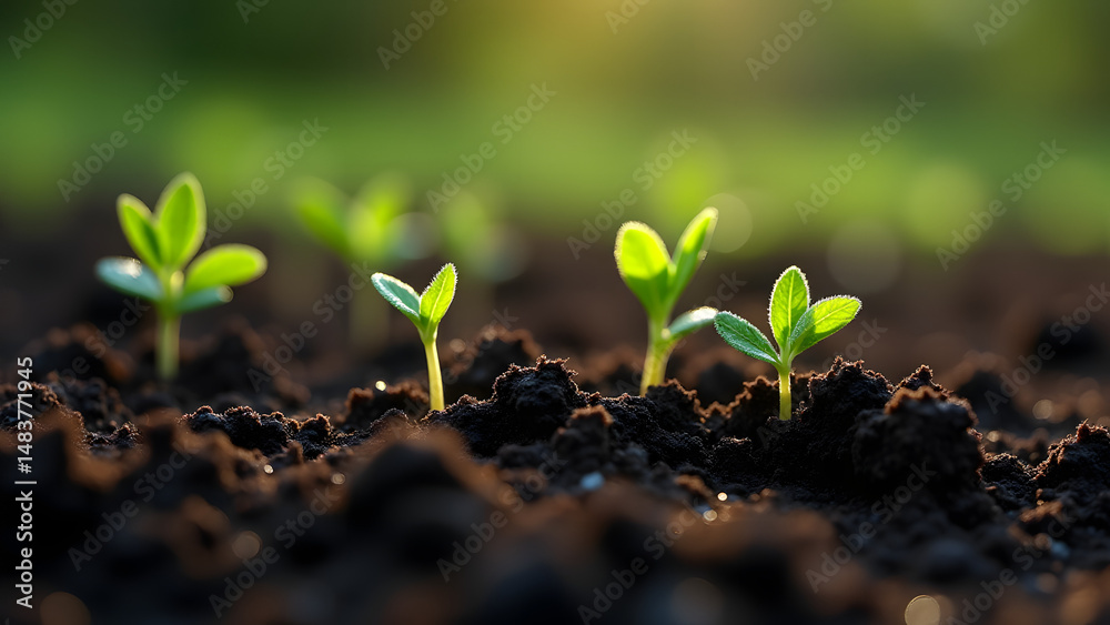 Fototapeta premium Fertile black soil with young green sprouts emerging, detailed macro texture with water droplets, natural growth concept.