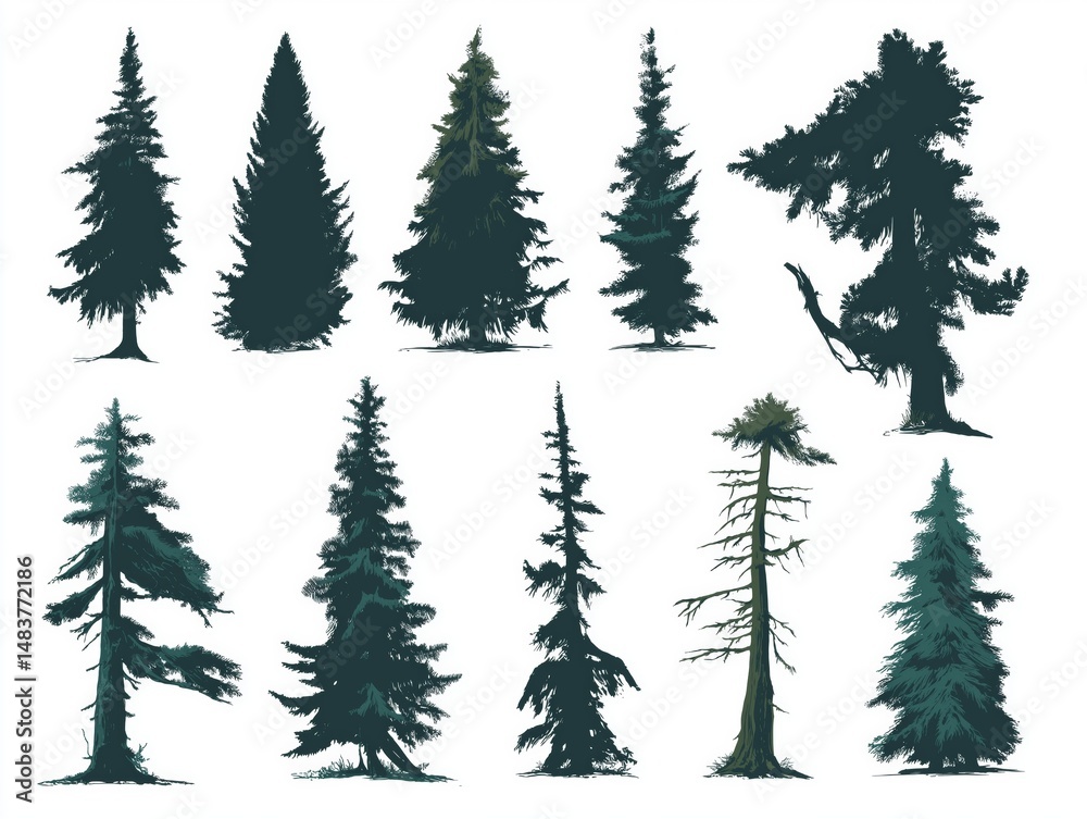 Fototapeta premium Assorted pine and spruce tree silhouettes in stylized forest collection for natural wilderness and outdoor scenes, Generative AI