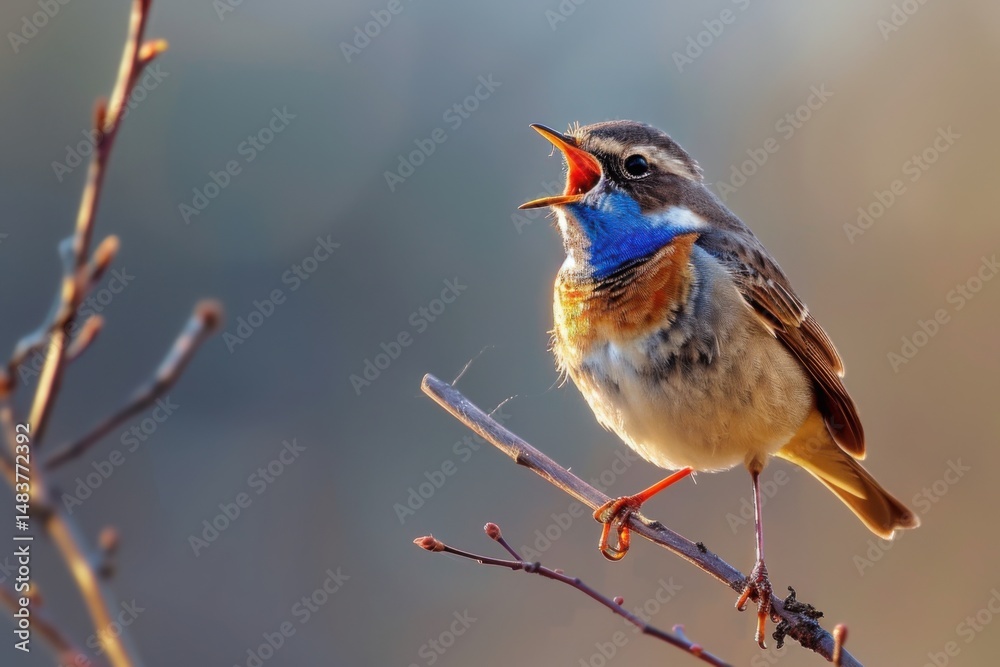 Fototapeta premium Bluethroat, Luscinia svecica. A bird sits on a dry branch and sings