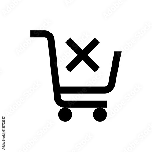 Black shopping cart icon with a cross symbol indicating removal or deletion of items from the cart design