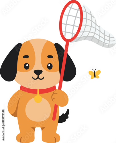 Cute brown puppy holding butterfly net catching small butterfly playful animal vector illustration 