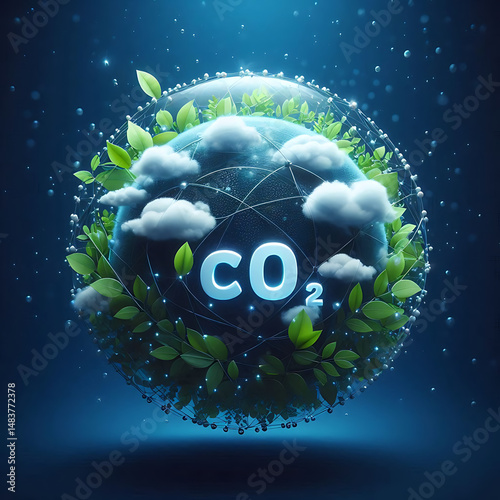 Carbon neutral, net zero emission concept with CO2 inside of sphere and green leaves on dark blue