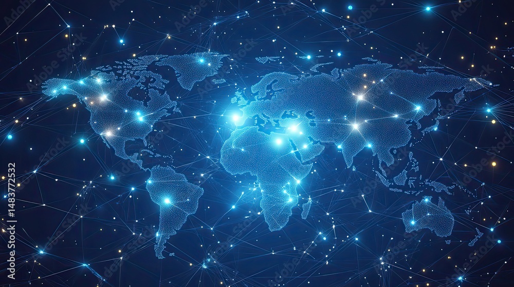 Digital world map with glowing dots and connecting lines on a dark blue background network concept