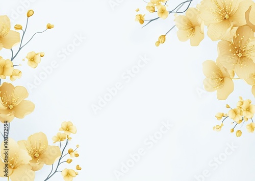 Delicate, light gold blossoms frame a blank space, elegant and airy