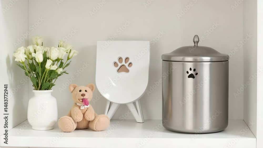 Pet urn on shelf with flowers and teddy bear, for remembrance, sympathy cards