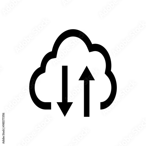 Black and white cloud with two arrows pointing up and down representing data transfer and storage online