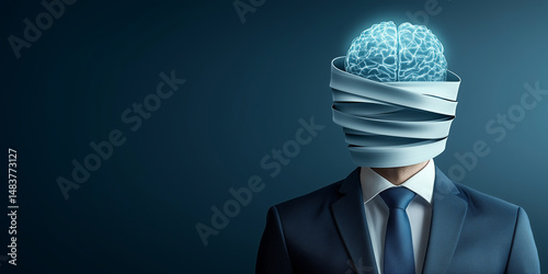A businessman with a blindfold and a glowing digital brain overlay illustrating concepts of hidden potential artificial intelligence or obscured vision