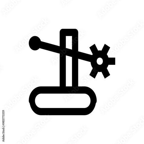 Stylized black and white drawing of a mechanism with a gear a lever and a rounded rectangular base