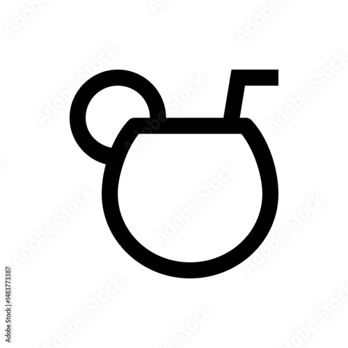 Illustration of a round cocktail glass with a straw and a slice of fruit on the rim in black outline