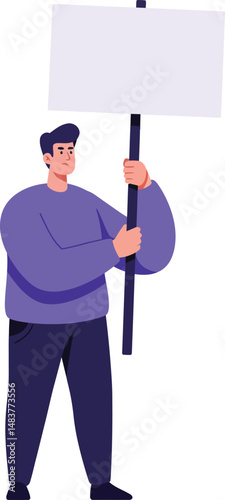 Man holding blank protest sign vector illustration with purple clothes and simple design