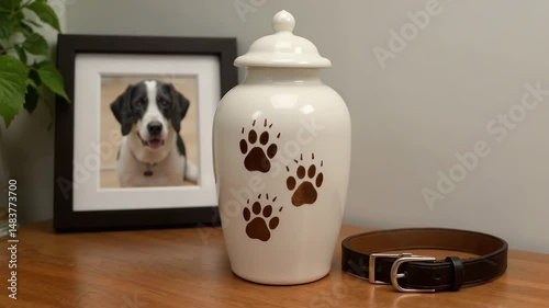 Pet urn with paw prints, for remembrance, with copy space