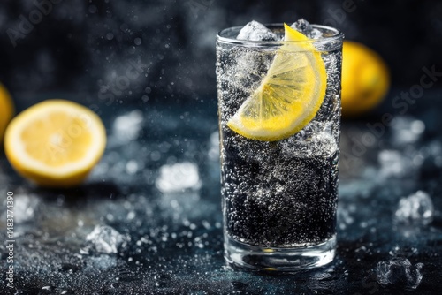 A refreshing glass of sparkling water with ice cubes and a slice of lemon on the dark table, creating a bubbly and invigorating drink with a citrusy touch.