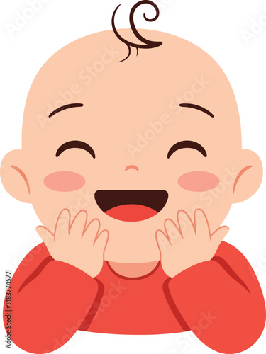 Happy baby smiling with hands on cheeks in red outfit vector illustration of joyful infant expression 