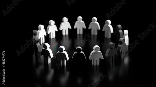 Wallpaper Mural Three dimensional black and white human figures are standing in a circle on a reflective black surface, representing concepts of diversity, inclusion, and equality Torontodigital.ca