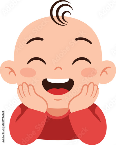Happy smiling baby with red shirt resting chin on hands cheerful infant expression vector illustration 