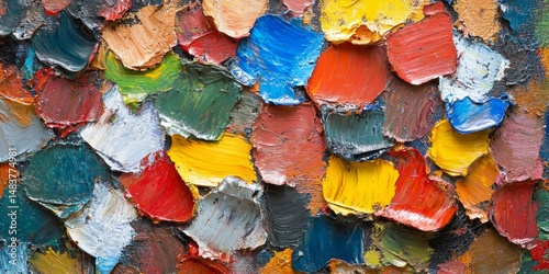 Closeup of abstract rough colorful multicolored art painting texture, with oil brushstroke, pallet knife paint on canvas (Generative Ai)