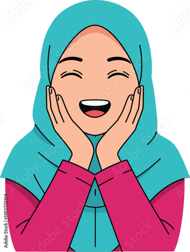 Muslim woman wearing turquoise hijab and magenta blouse smiling with hands on cheeks vector illustration 