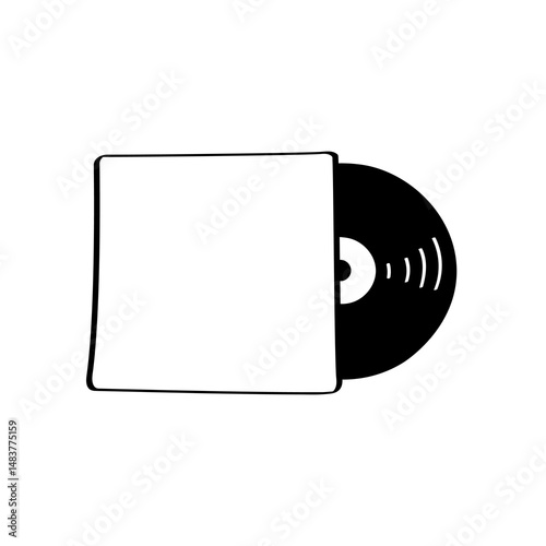 Doodle vinyl record in sleeve for retro music collection or album art design. Hand-drawn vinyl record partially out of its cover. Ideal for vintage music lovers and album design concepts.