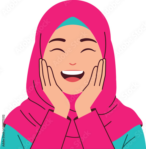 Smiling Muslim woman in pink hijab expressing happiness and joy vector illustration 