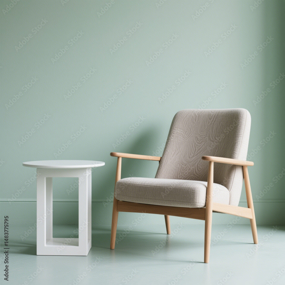 Obraz premium Comfortable armchair and sleek modern side table, minimal interior design