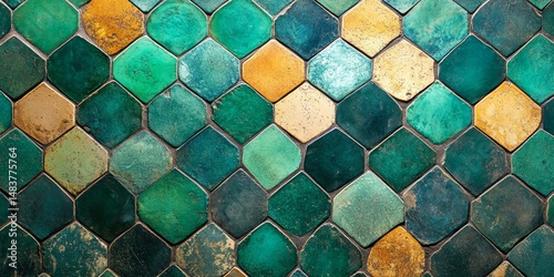 Abstract green turquoise geometric moroccan marrakech tiles wallpaper texture background banner pattern -Vintage retro concrete stone ceramic cement tiles wall (Generative