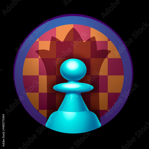 A pawn that wants to become a queen, a chessboard, a logo, a sign, a symbol, potential and inner strength, competition, victory
