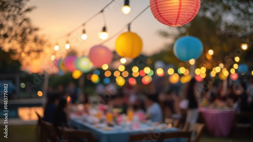 Fototapeta Naklejka Na Ścianę i Meble -  Blurred image of a festive outdoor party with colorful paper lanterns glowing at sunset, creating a warm and inviting ambiance as people gather to celebrate