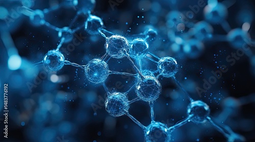 Close up of a complex molecular structure with blue spheres and connecting lines in a blurred background