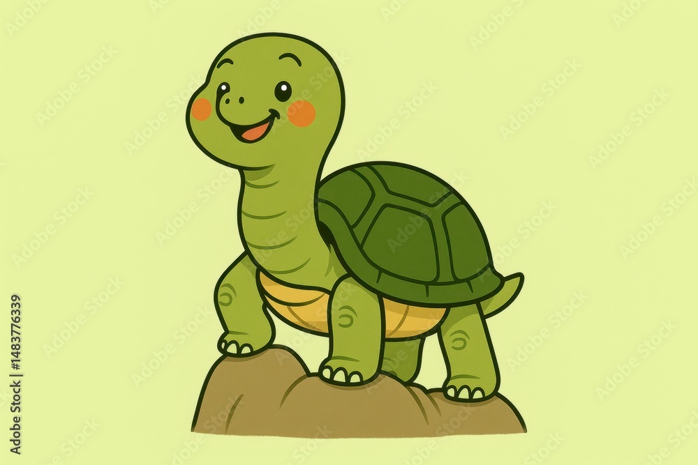 Fototapeta premium Proud cartoon turtle standing tall atop an invisible rock, confident illustration on a light green background