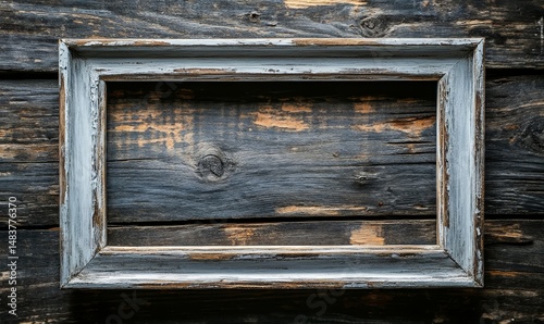 Empty frame made of rustic old damaged aged white wooden boards, background grunge dark wood table or wall texture, design template