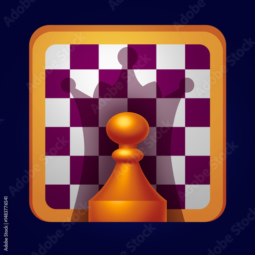 A pawn that wants to become a queen, a chessboard, a logo, a sign, a symbol, potential and inner strength, competition, victory