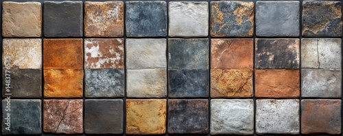 Old brown gray vintage shabby patchwork motif tiles stone concrete cement wall texture background banner