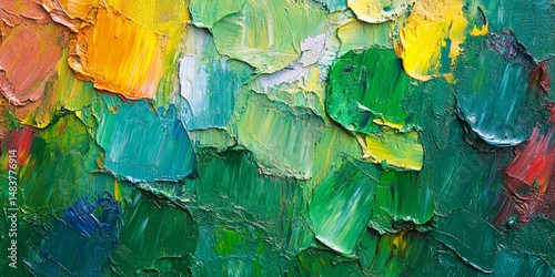 Closeup of abstract rough green colorful multicolored art painting texture, with oil brushstroke, pallet knife paint on canvas (Generative Ai)