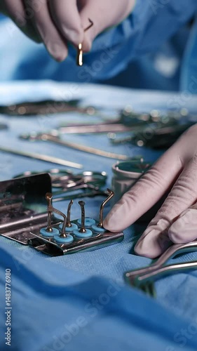 Preparation for the surgery. Surgery tools. Multiple surgery tools on the table in operating room. Scrub nurse hands in rubber gloves. Modern medical concept.
