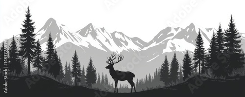 Black silhouette of deer mountains and forest fir trees camping landscape panorama illustration icon  for logo, isolated on white background