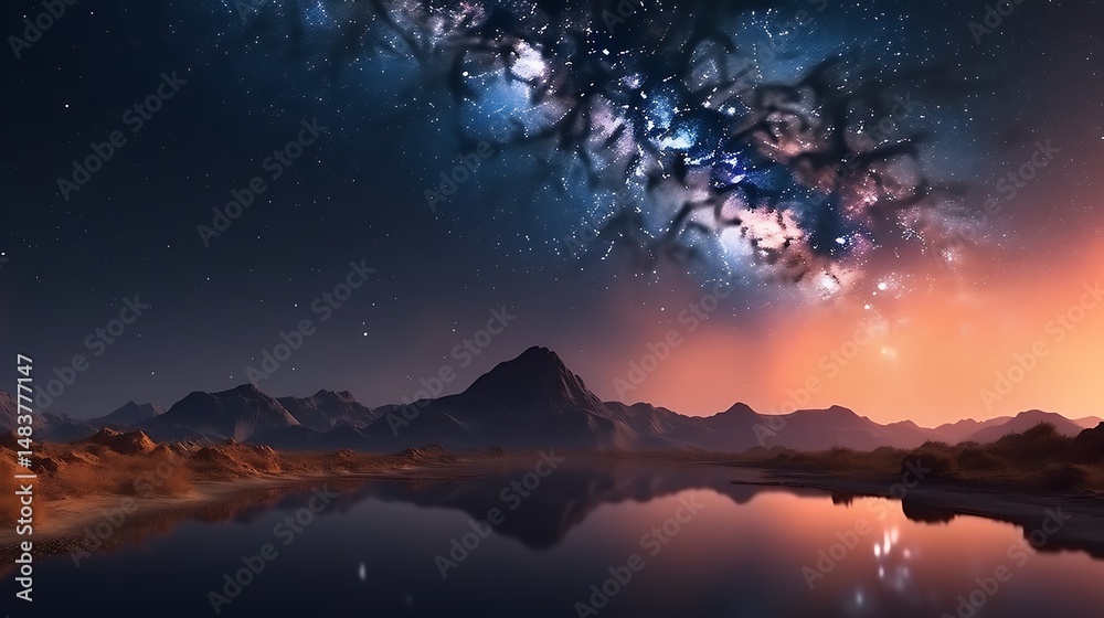 Fototapeta premium Night landscape with Milky Way and lake.