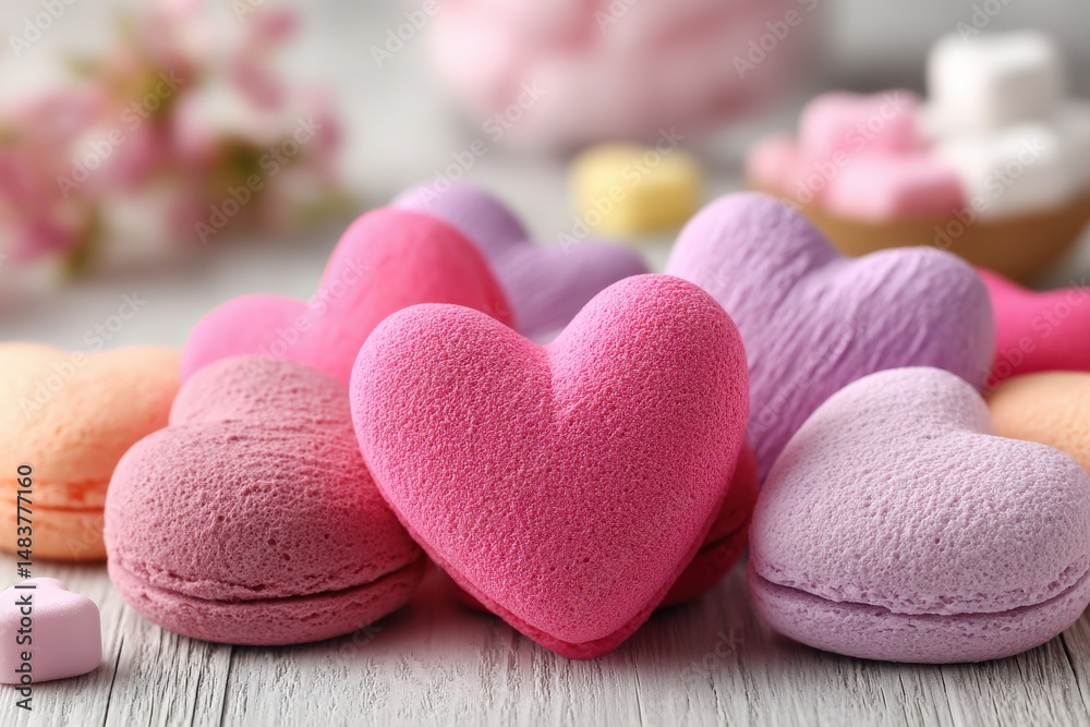 Obraz premium A charming close-up showcasing heart-shaped pink macarons on a wooden surface, perfect for Valentine's Day themes, highlighting love, affection, and sweet treats.
