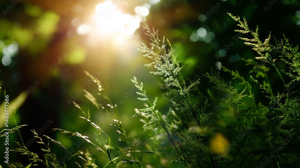 Sunlight filters through lush greenery, illuminating delicate blades of grass during a serene afternoon