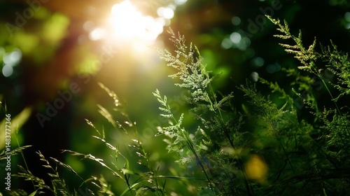 Obraz na płótnie Sunlight filters through lush greenery, illuminating delicate blades of grass during a serene afternoon w salonie