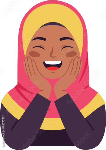 Young woman wearing colorful hijab smiling with hands on cheeks happy expression vector illustration 