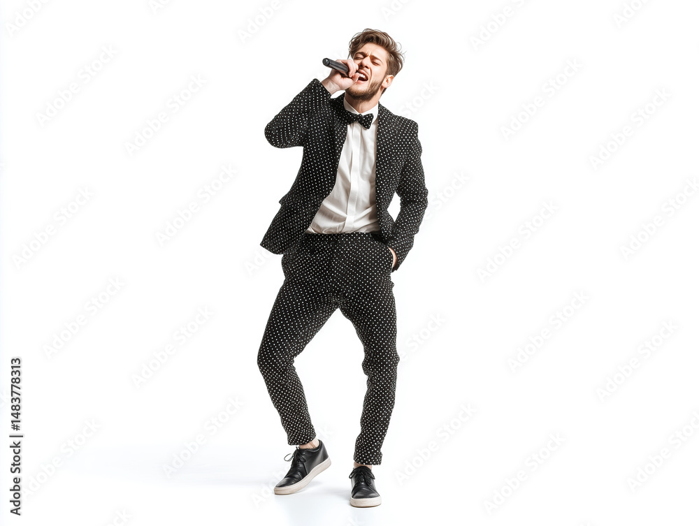 A young man in a black sequined suit singer performs with a microphone on stage A young man in a black sequined suit singer performs with a microphone on stage