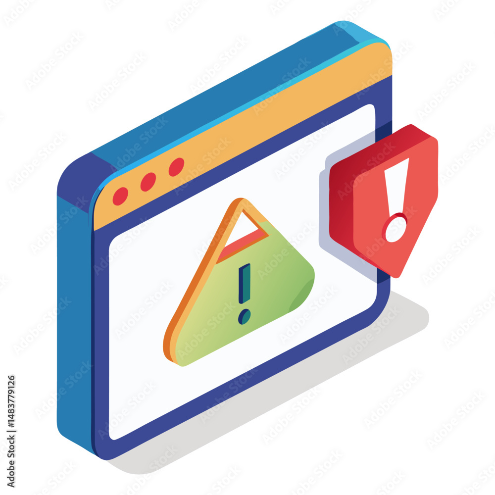An isometric illustration of a browser window displaying a warning triangle with an exclamation mark and a red notification badge, symbolizing a web alert or error. An isometric illustration of a browser window displaying a warning triangle with an exclamation mark and a red notification badge, symbolizing a web alert or error.