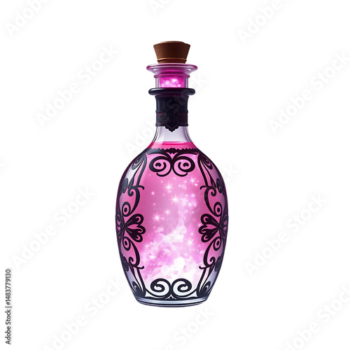 Magic potion bottle with glowing pink liquid, fantasy object png on transparent background.